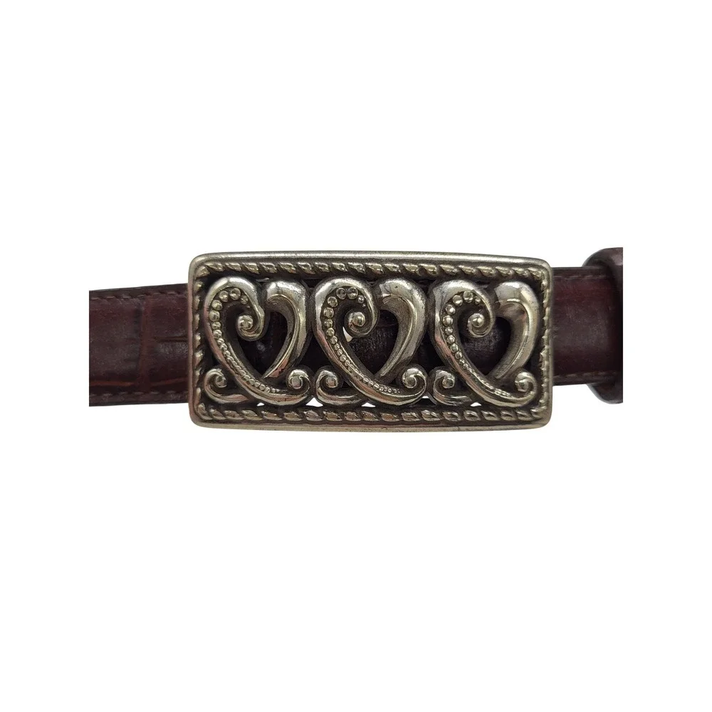 VTG Brighton Brown Leather Belt Silver Heart Buckle Croc Embossed Small‎ 28